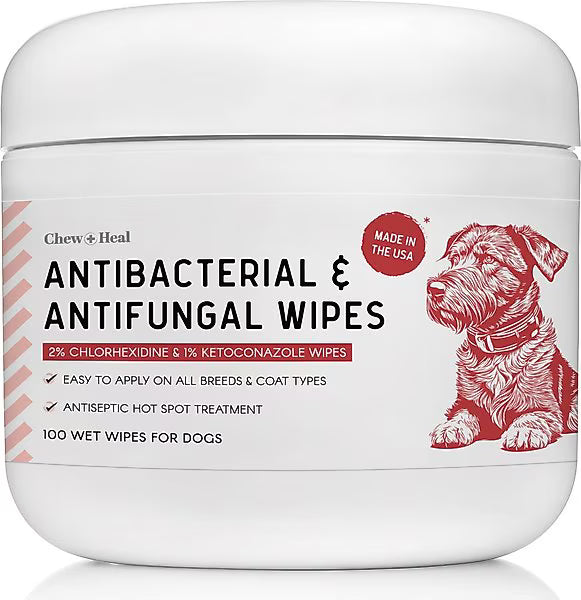 Chew + Heal Antibacterial & Antifungal Chlorhexidine & Ketoconazole Dog & Cat Grooming Wipes