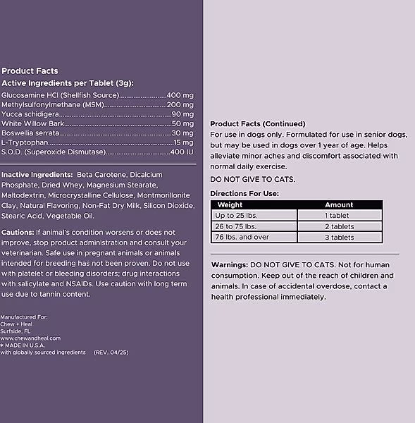 Chew + Heal Senior Mobility + Vitality Hip & Joint & Mood Support Chewable Tablets Supplement for Dogs, 120 count