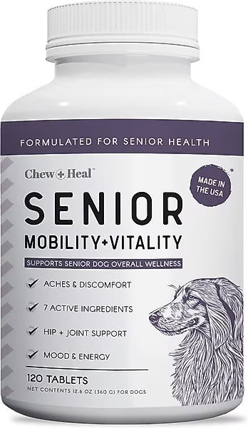 Chew + Heal Senior Mobility + Vitality Hip & Joint & Mood Support Chewable Tablets Supplement for Dogs, 120 count