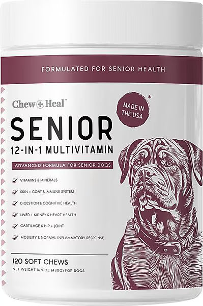 Chew + Heal Senior 12-In-1 Advanced Multivitamin Soft Chews Supplement for Senior Dogs, 120 count