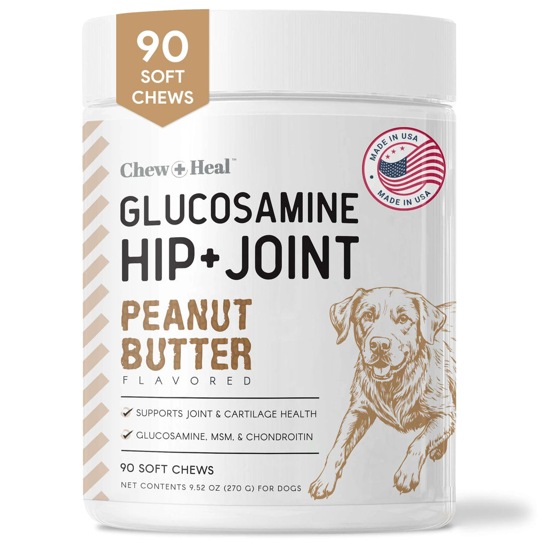 Chew + Heal Glucosamine Hip + Joint Peanut Butter Flavored Soft Chew Joint Supplement for Dogs, 90 count