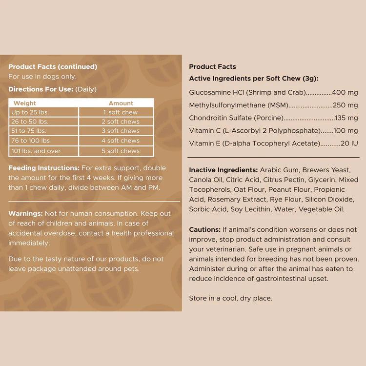 Chew + Heal Glucosamine Hip + Joint Peanut Butter Flavored Soft Chew Joint Supplement for Dogs, 90 count