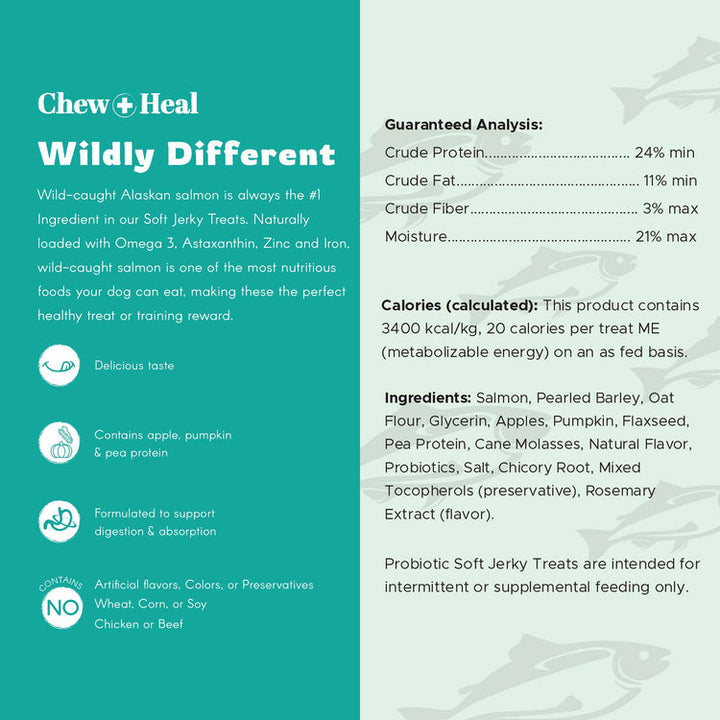 Chew + Heal Wild Alaskan Probiotics Digestive Aid Salmon Soft Jerky Dog Treats