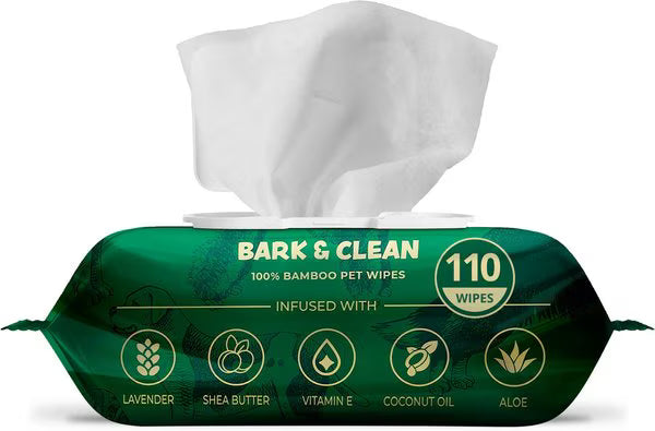 Bark & Clean Bamboo Wipes with Aloe, Shea Butter & Coconut Oil Light Lavender Scent Dog & Cat Grooming Wipes