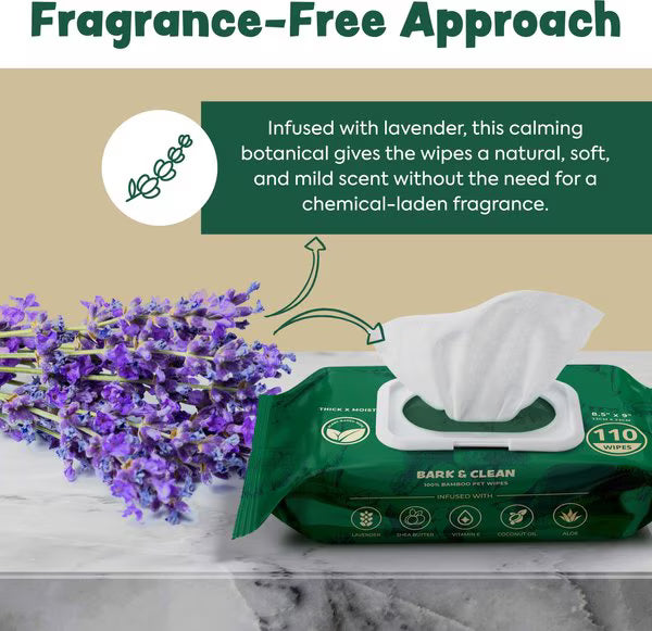 Bark & Clean Bamboo Wipes with Aloe, Shea Butter & Coconut Oil Light Lavender Scent Dog & Cat Grooming Wipes