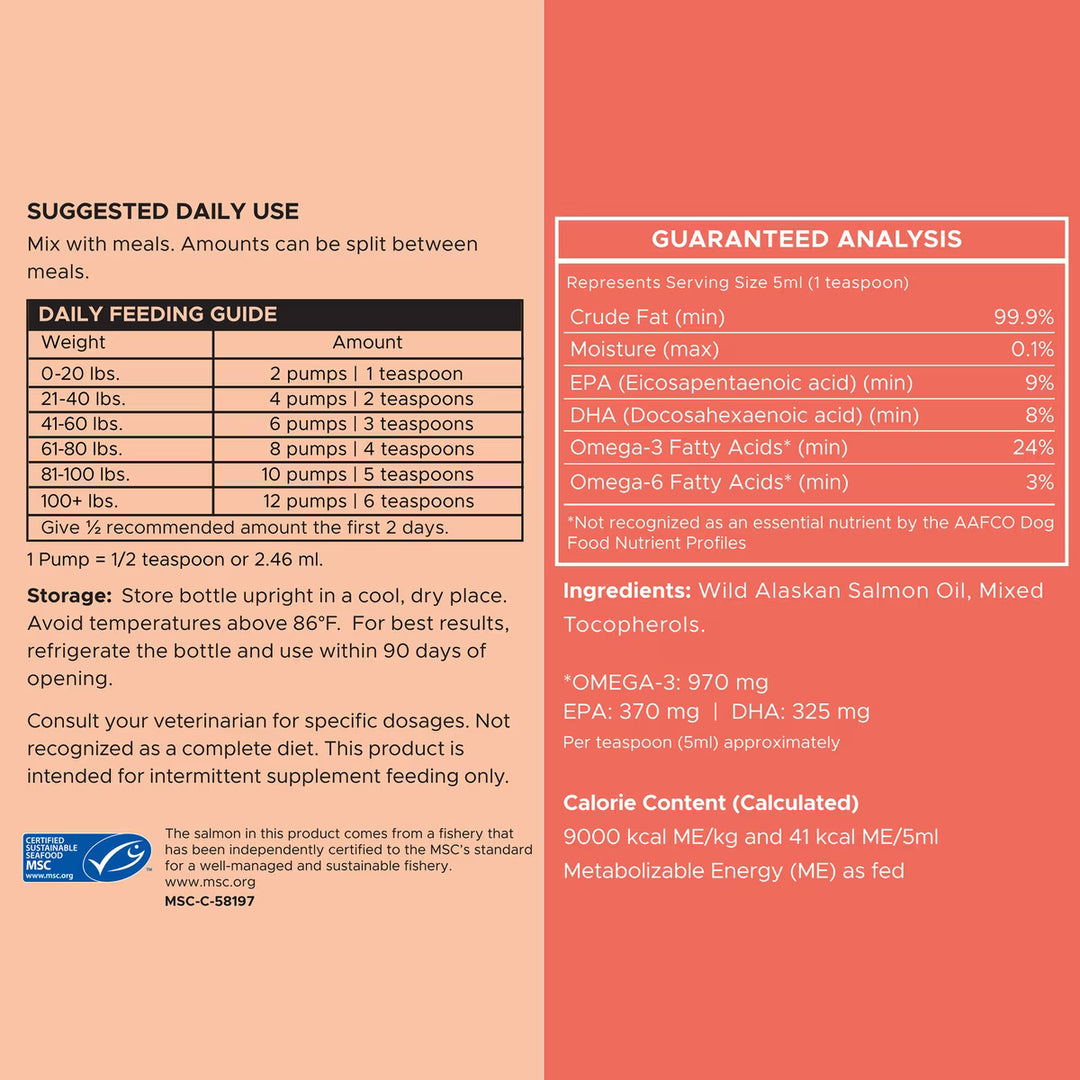 Chew + Heal MSC-Certified Pure Wild-Caught Alaskan Salmon Oil Skin & Coat Supplement for Dogs 8 oz