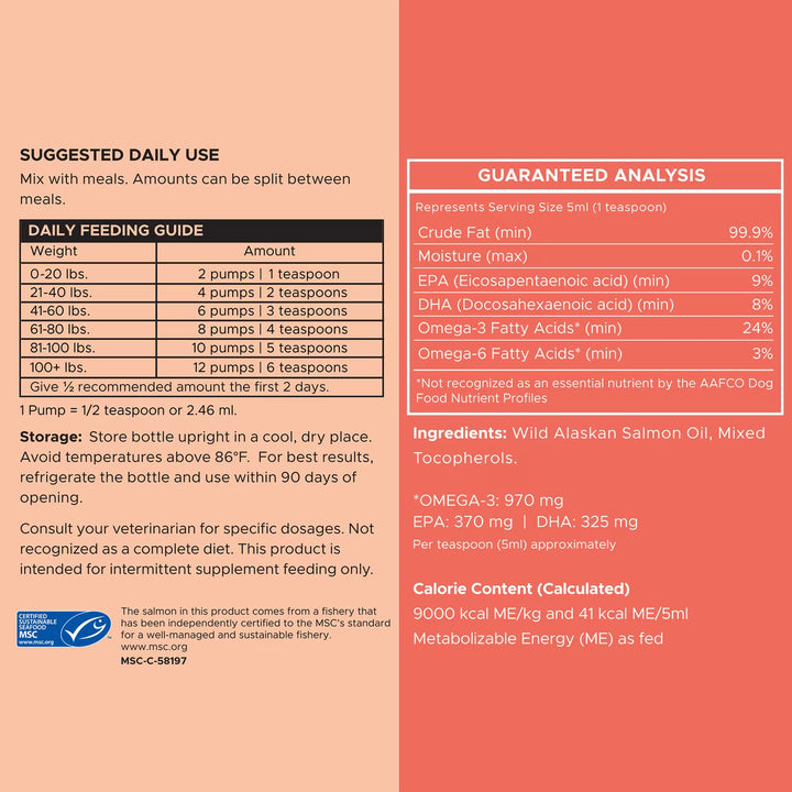 Chew + Heal MSC-Certified Pure Wild-Caught Alaskan Salmon Oil Skin & Coat Supplement for Dogs 8 oz