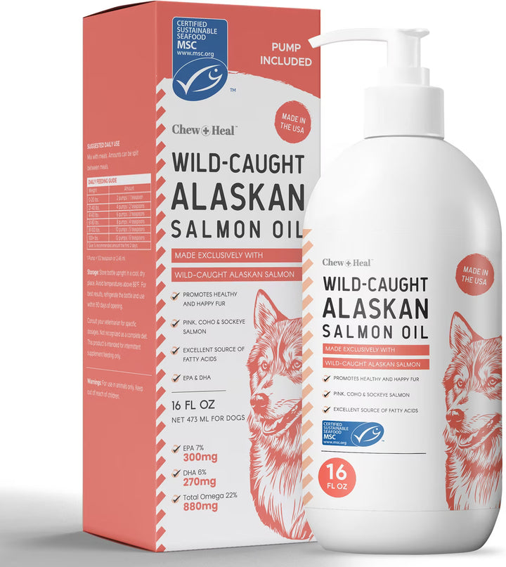 Chew + Heal MSC-Certified Pure Wild-Caught Alaskan Salmon Oil Skin & Coat Supplement for Dogs 8 oz