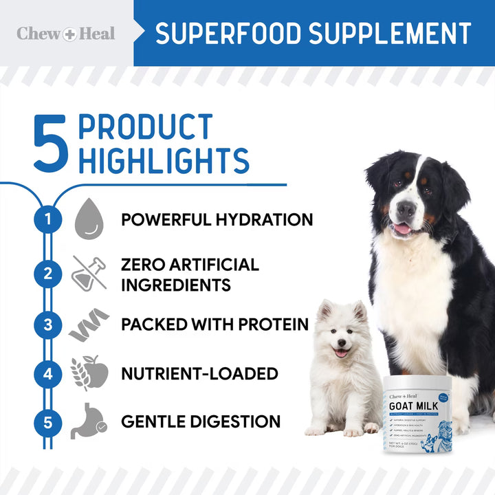Chew + Heal High Protein Goat Milk Powder Digestive Aid Supplement for Dogs, 6-oz jar