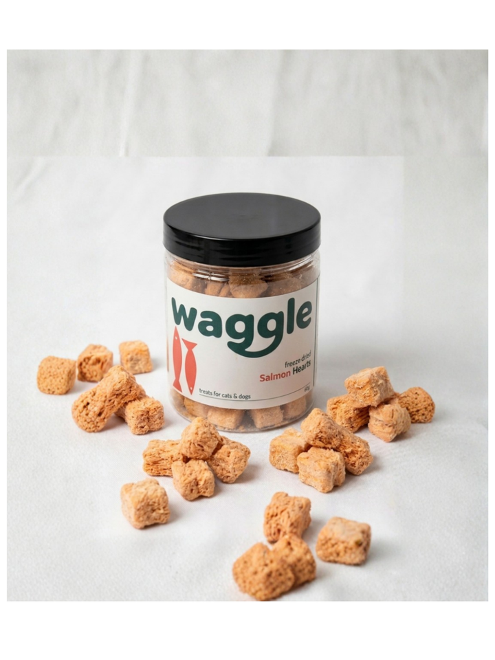 WAGGLE FREEZE DRIED SALMON HEARTS TREATS CATS & DOGS 40GM