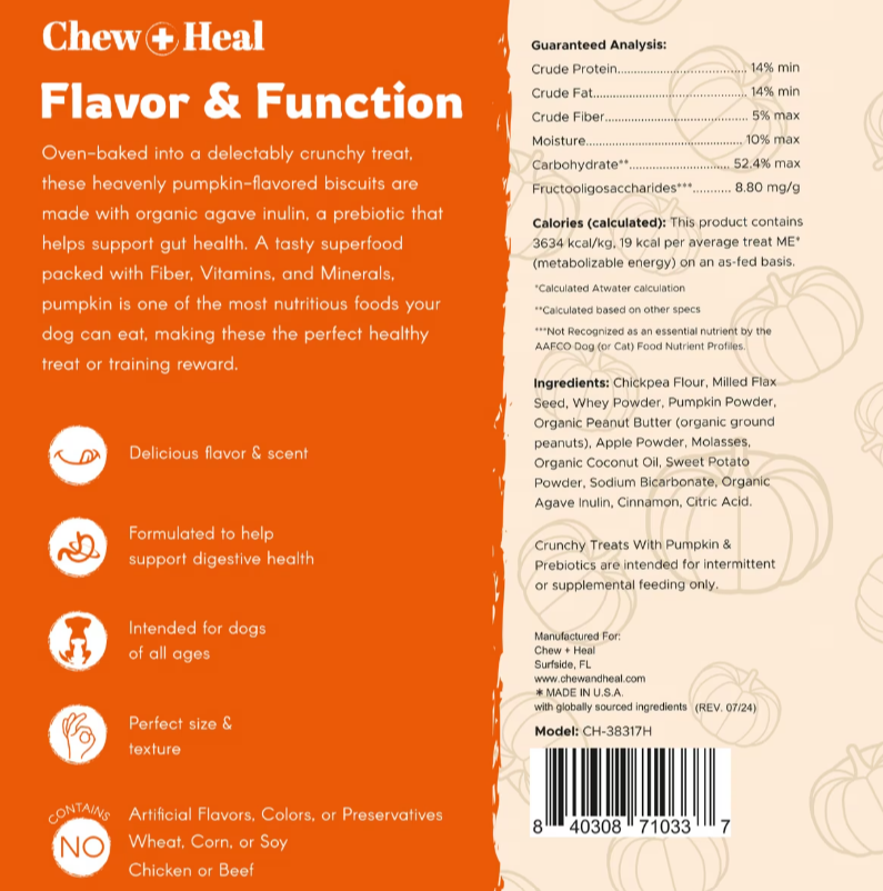 Chew + Heal Pumpkin & Prebiotic Fiber Crunchy Biscuit Dog Treats, 24-oz bag