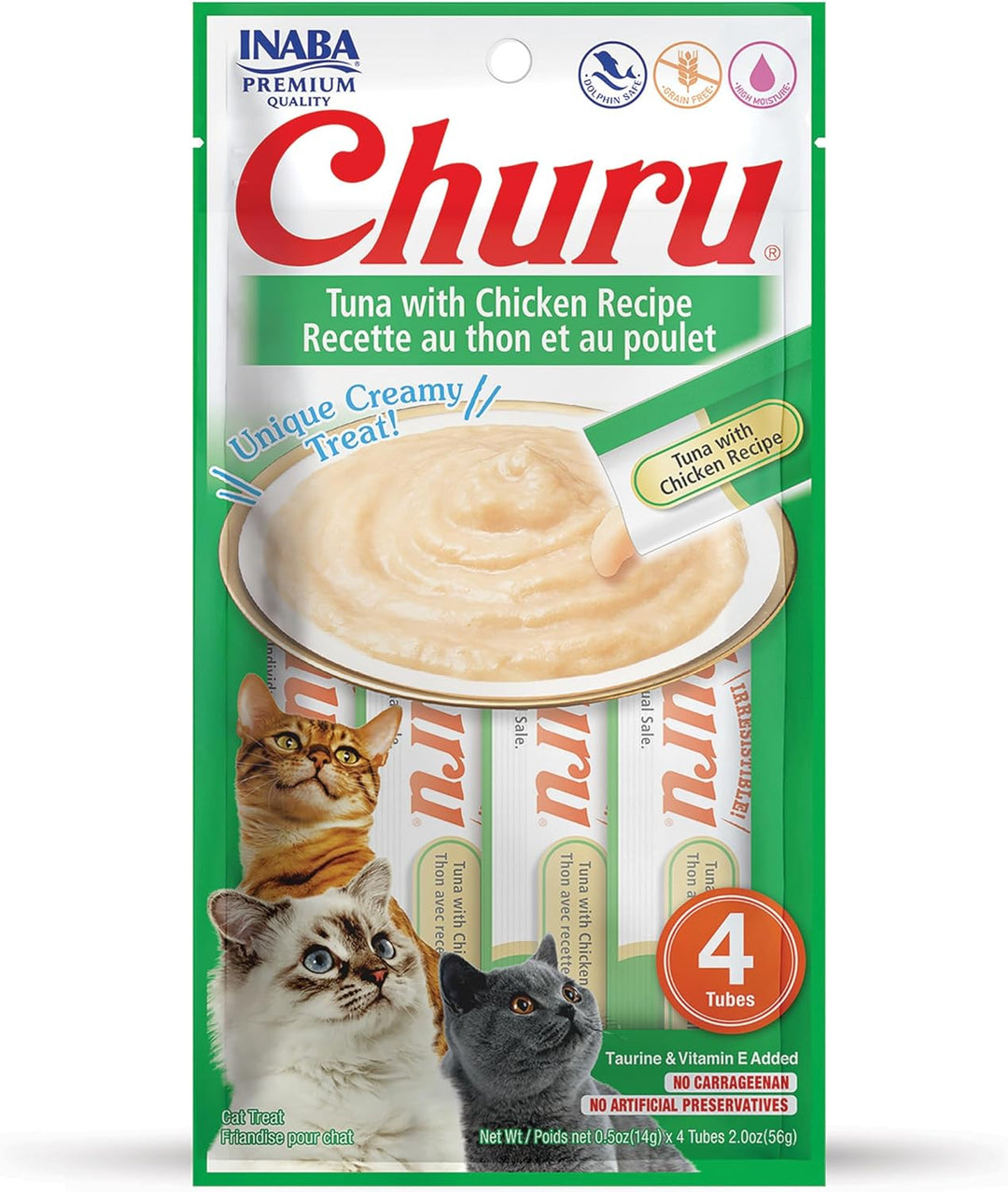 INABA Churu Cat Treats, Grain-Free Creamy Purée, Tuna & Chicken