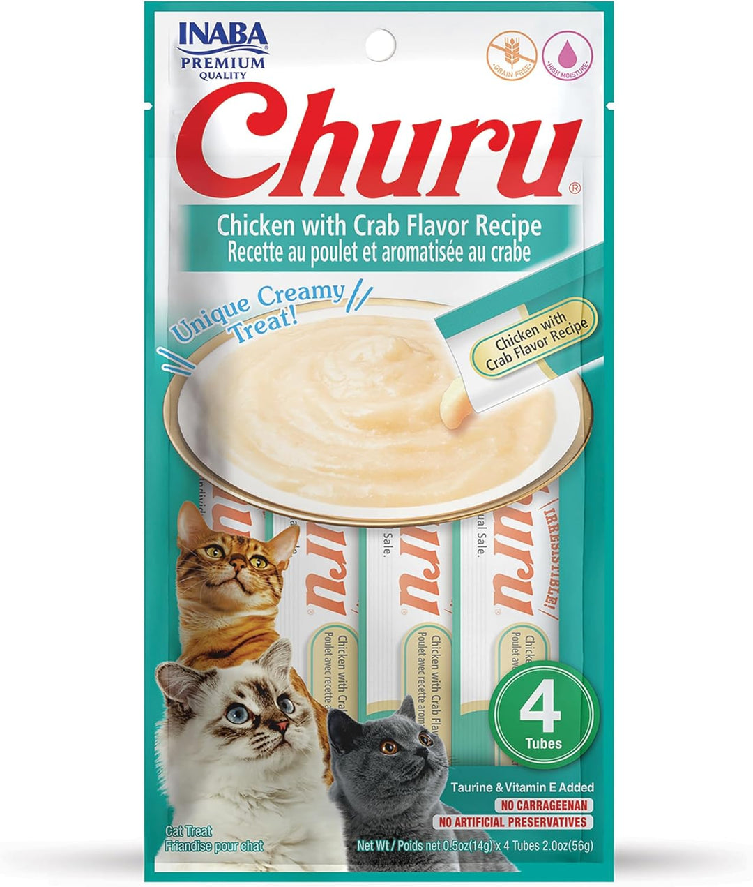 INABA Churu Cat Treats, Grain-Free Creamy Purée, Chicken & Crab