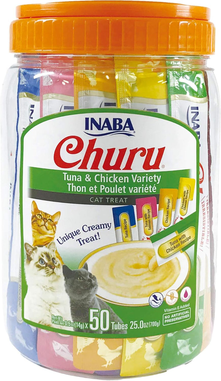 INABA Churu Lickable Purée Cat Treat, Grain-Free & Preservative-Free with Vitamin E & Green Tea, Tuna & Chicken Variety, 50 Tubes