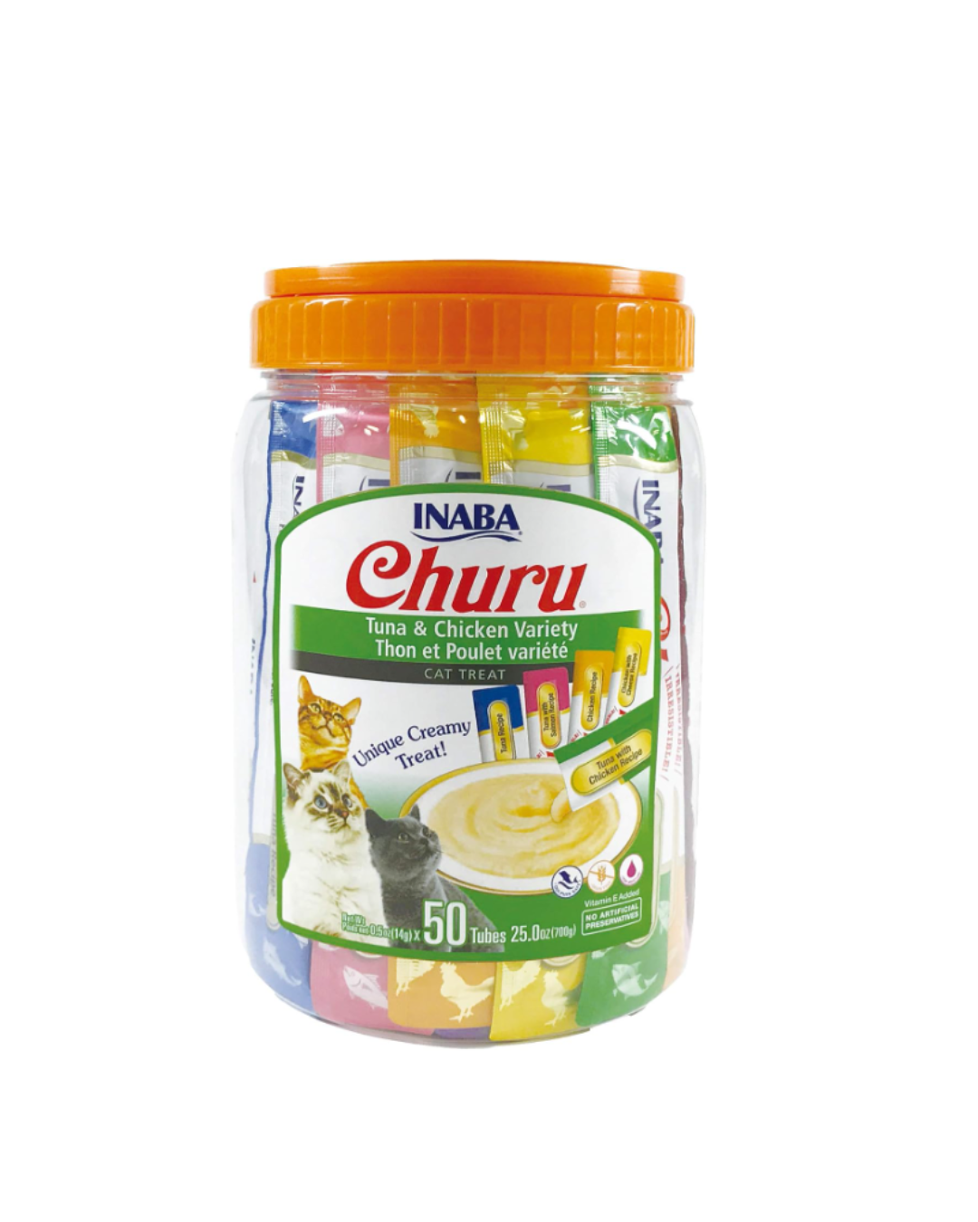 INABA Churu Lickable Purée Cat Treat, Grain-Free & Preservative-Free with Vitamin E & Green Tea, Tuna & Chicken Variety, 50 Tubes