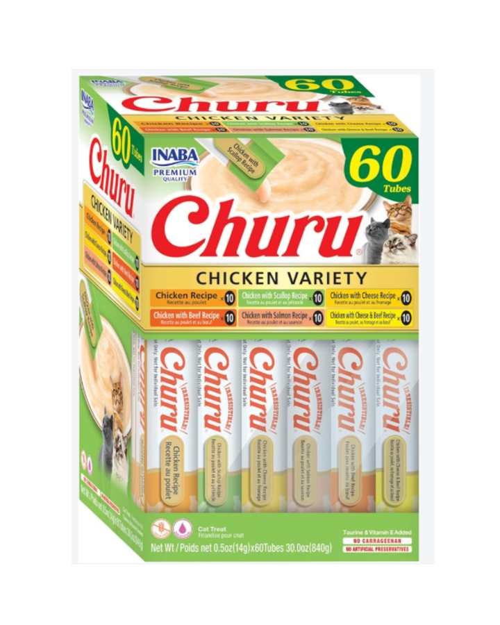 INABA Churu Cat Treats, Grain-Free Lickable Purée, Chicken Variety Pack (60 x 0.5 oz Tubes)