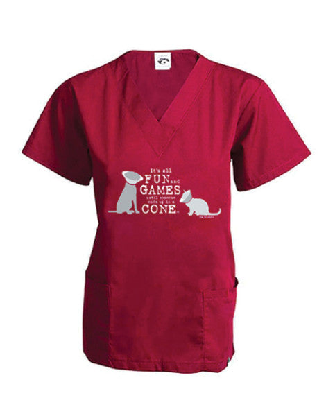 Scrub Top: Fun and Games (cat and dog -wine) - XS